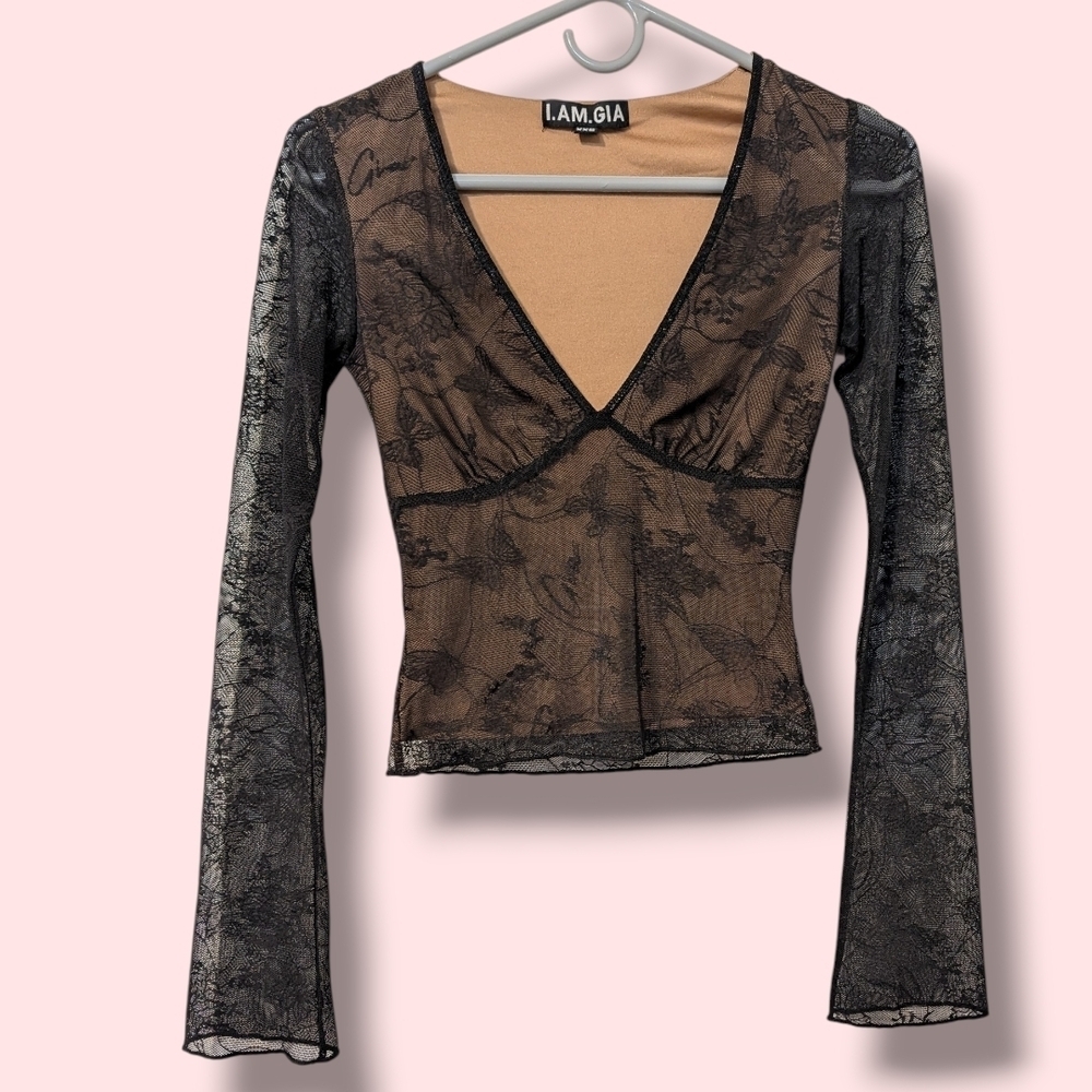 I.AM.GIA Black Butterfly Floral Lace V-Neck Long Sleeve Bodycon Yvette Top XXS